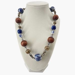 Wood and Ceramic Beaded Necklace Statement‎ Large Beads
